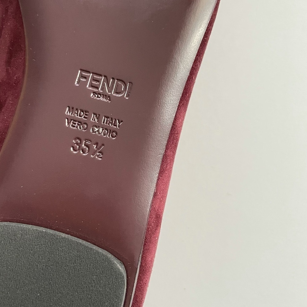 FENDI Velvet-trimmed suede point toe flats 35.5 burgundy wine red ribbon laced - Picture 2 of 7